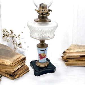 Vintage Composite Oil Kerosene Lamp with Glass Shade /Fall Leaves/ 20” Tall/Hand painted/Victorian Decor