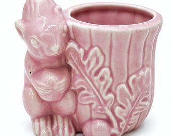 Vintage Pink Pottery Squirrel Flower Pot | Mid-Century Woodland Succulent Planter | Cottage Garden Decor