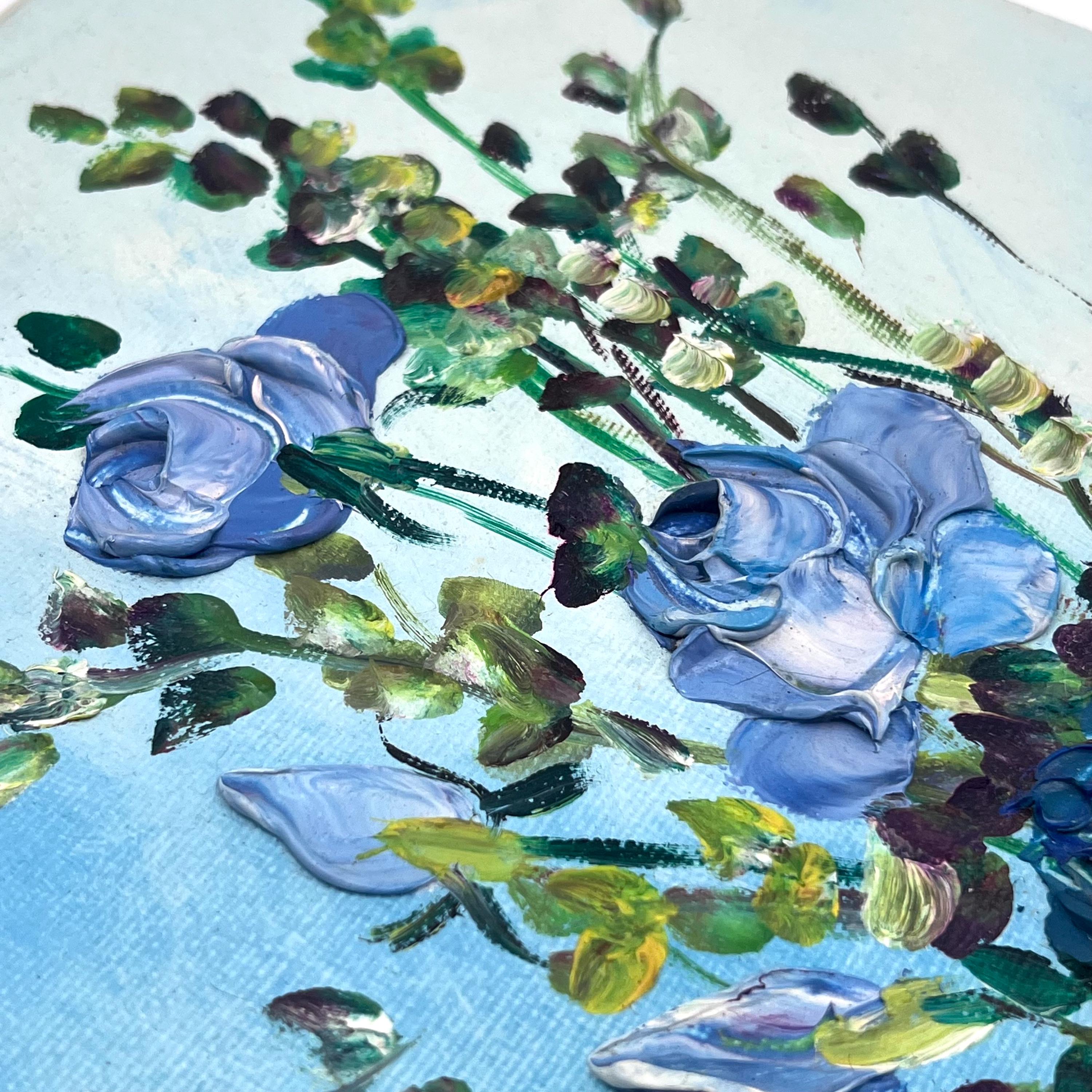 ヴィンテージサイン入り花の油絵/パリ、フランス/ターコイズブルーの