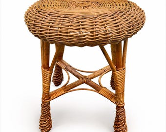 Vintage rieten kruk | Plantenstandaard van geweven rotan | Voetenbankje in landelijke stijl | Bijzettafel in boerderijstijl | Boho-decoratie