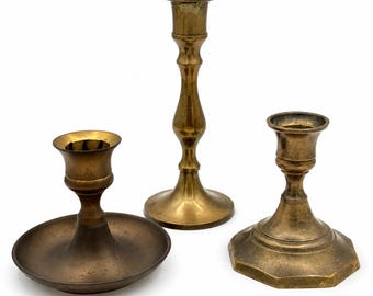 Vintage Solid Brass Candlestick Holders Set of 3 | Made in India | Brass Taper Candle Holders | Cottagecore Mantel Decor | English Cottage