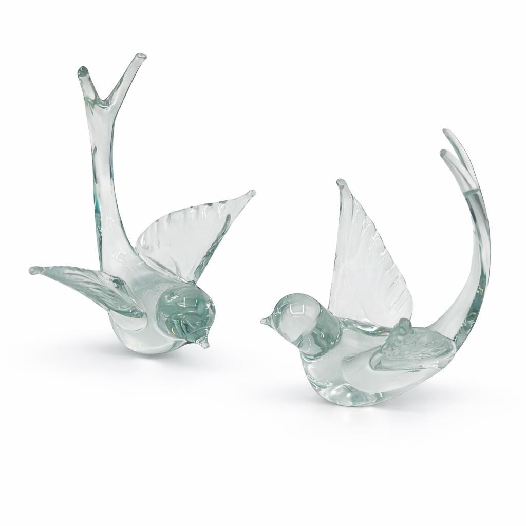 Murano ガラス 鳩 彫刻 2点セット Vintage Signed Murano Glass Birds/jang 1984/set of 2/clear Italian