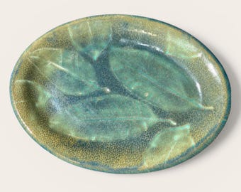 Vintage A. Sjoblom Studio Pottery Platter | Signed Leaf Ceramic Tray | Connecticut Art Pottery | Green Gold Glaze