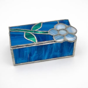 Vintage Blue Stained Glass Jewelry Box | Mirrored Trinket Box | Small Floral Glass Keepsake | Cottage & Heirloom Decor