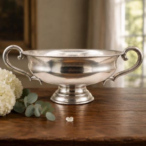 May include: A polished silver-toned metal bowl featuring a wide, shallow basin, a circular pedestal base, and two ornate, curved handles extending from opposite sides. The bowl has a smooth, reflective surface with a metallic sheen throughout.