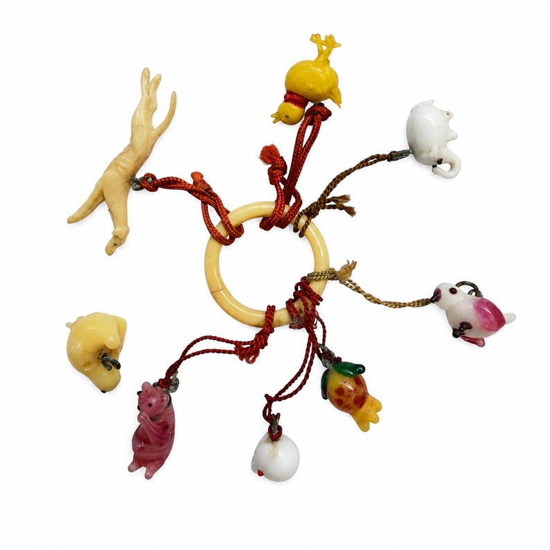 Rare Vintage Japanese Celluloid Animal Charms on Original Celluloid Ring | 8 Miniature Figures | c. 1920s–30s image 1