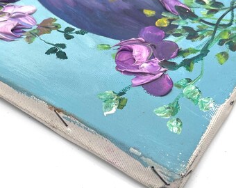 ヴィンテージサイン入り花の油絵/パリ、フランス/ターコイズブルーの