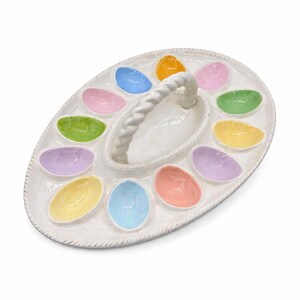 Vintage Atlantic Mold Hand-Painted Deviled Egg Platter with Handle | Pastel Easter Egg Tray | Ceramic Serving Plate 14.75”
