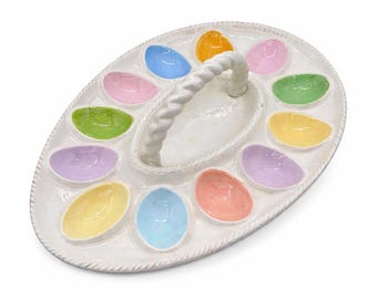 Vintage Atlantic Mold Hand-Painted Deviled Egg Platter with Handle | Pastel Easter Egg Tray | Ceramic Serving Plate 14.75”