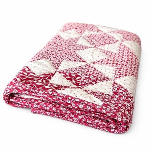 Handmade Quilted Table Runner 70 x 17 | Hand-Quilted Red & Cream Star Patchwork | Primitive Country Kitchen Decor