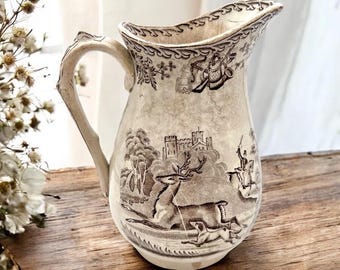 Brown Transferware Ironstone Pitcher/Antique SPORTING DMESS Hunting Scene Ironstone/Stained and Crazed Ironstone- RARE !!!