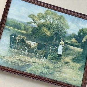 Vintage pastorale landschapskunst/&#39;The Milk Maid&#39;, circa 1906/ingelijste antieke boerderij landschapsscène/boerderij koeienprint/21,25&quot; x 17,50&quot;