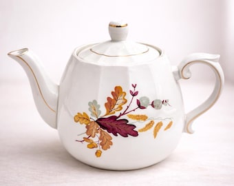 Vintage English Teapot by Ellgreave Wood & Sons – Mid Century White Ceramic Teapot with Botanical Design, Made in England