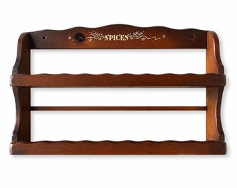 Vintage Wooden Spice Rack Wall Shelf | Farmhouse Kitchen Storage | Rustic Wood Spice Organizer | Cottagecore Wall Decor