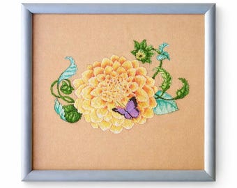 Vintage Framed Floral Cross Stitch Needlepoint | Yellow Dahlia with Butterfly | Cottagecore Wall Art | Ready to Hang