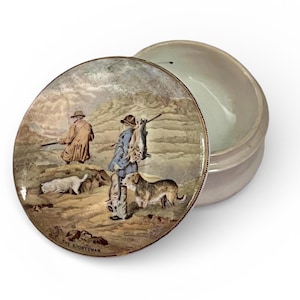 Antique Prattware THE SPORTSMAN Jar Pot/Victorian Lidded Ointment Jar/Antique English Advertising/Circa 1800s