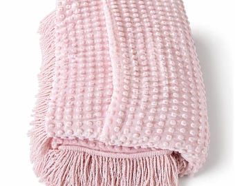 Colcha vintage rosa de chenilla tamaño Queen / Morgan Jones Heiress Popcorn Dot / Ropa de cama rústica con flecos rosa chicle
