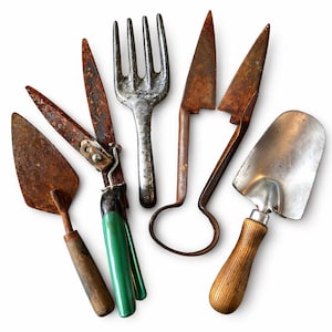 May include: An assortment of vintage gardening tools, including a trowel, shears, and a fork, arranged on a white background. The tools show signs of age with rust and wear, and feature wooden and metal components.