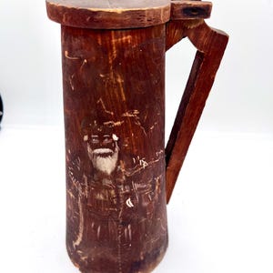 Scandinavian Wood Beer Stein Tankard Flagon Antique Hand Carved Norwegian Folk Art Burnt Wood Flemish Art Mug Man Cave Gifts for Him