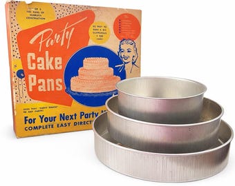 Vintage 3 Tier Kuchenform Set mit Original Box | Retro Aluminium Backformen | Mid Century Party Kuchen Formen