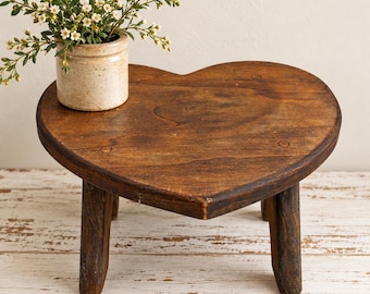 Vintage Wooden Heart Stool | Signed 1990 Primitive Farmhouse Riser | Plant Stand | Handcrafted Country Cottage Decor