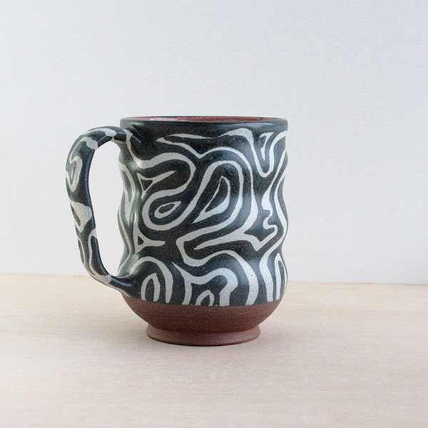 Handmade Modern Pottery Mug, Charcoal and White Glaze, Mod Pattern, Coffee Cup