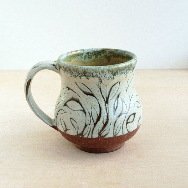 Handmade Rustic Pottery Mug, Leaf Pattern, for tea, coffee, cocoa, chai