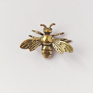 May include: A detailed, antique gold-colored bee brooch. The bee has outstretched wings and intricate detailing on its body and wings. The brooch is a decorative accessory.