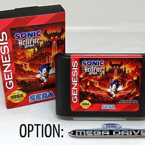 May include: A black Sega Genesis game cartridge and box for "Sonic Hellfire Saga." The box and cartridge feature a red and orange fiery background with Sonic the Hedgehog. The Sega logo is visible.