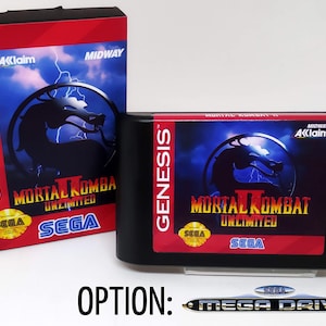 May include: A Sega Mega Drive game cartridge for Mortal Kombat II: Unlimited. The cartridge is black with a red label featuring a dragon logo and the game title. The label also includes the Sega logo and the text "Midway" and "Aclaim".