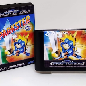 May include: A Sega Mega Drive game cartridge for Sparkster, a platformer game published by Konami. The cartridge is black with a colourful label featuring a blue and yellow character holding a sword. The label also includes the text "Konami" and "Sega Mega Drive".