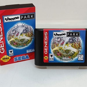 May include: A Sega Genesis game cartridge and box for Theme Park. The box is red with the game title in white. The cartridge is black with a colorful image of a theme park on the front.