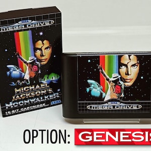 Op de afbeelding: Een zwarte Sega Mega Drive-gamecartridge met een kleurrijk beeld van Michael Jackson op de voorkant. De tekst "MICHAEL JACKSON'S MOONWALKER" staat op de voorkant van de cartridge.
