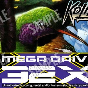 Może przedstawiać: Kaseta do gry Sega Mega Drive 32X z fioletowym tłem i tekstem "SEGA MEGA DRIVE 32X" w kolorze białym. Prz&oacute;d kasety zawiera kolorową ilustrację kolibra z tekstem "Kolibri" w czerni i bieli. Tekst "Nieautoryzowane kopiowanie, wypożyczanie i/lub transmisja są surowo zabronione." jest nadrukowany na dole kasety.