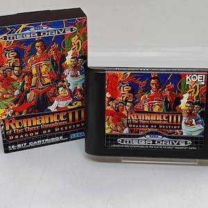 May include: A Sega Mega Drive game cartridge for Romance of the Three Kingdoms III: Dragon of Destiny. The cartridge is black with a colourful label featuring a group of people in traditional Chinese clothing. The label also includes the game title, "Romance of the Three Kingdoms III: Dragon of Destiny", and the Sega Mega Drive logo.