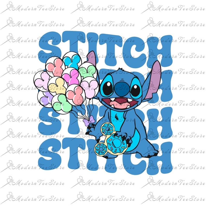 May include: Blue Stitch character holding a blue and white Mickey Mouse ear shaped donut and a bunch of pastel colored balloons with Mickey Mouse ears. The text "Stitch" is written in blue letters on either side of the character.