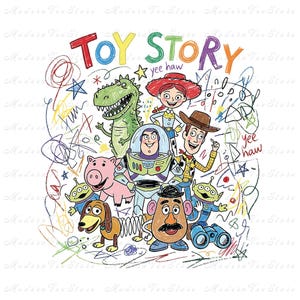 May include: A graphic print featuring the colorful text TOY STORY above illustrations of Rex, Jessie, Buzz Lightyear, Woody, Hamm, Slinky Dog, Mr. Potato Head, two Aliens, and binoculars, all surrounded by scribbled crayon-style lines and stars.