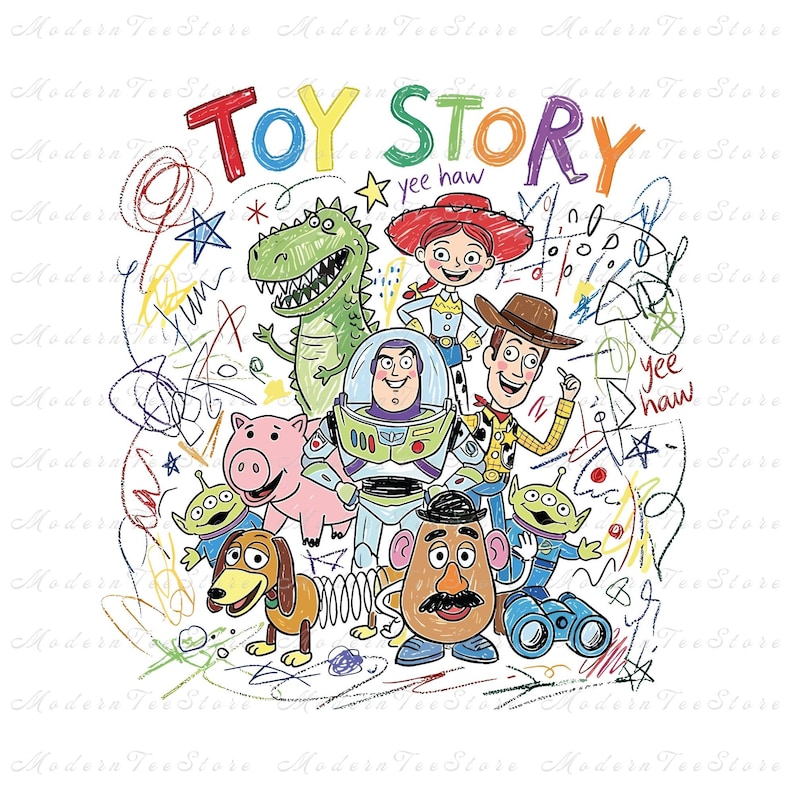 May include: A graphic print featuring the colorful text TOY STORY above illustrations of Rex, Jessie, Buzz Lightyear, Woody, Hamm, Slinky Dog, Mr. Potato Head, two Aliens, and binoculars, all surrounded by scribbled crayon-style lines and stars.