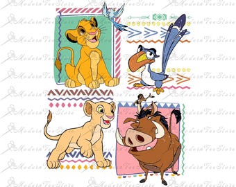May include: A collage of four cartoon characters from the movie The Lion King. The characters are Simba, Nala, Zazu, and Pumbaa. The characters are set against a background of colorful geometric patterns.