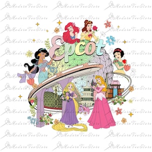 May include: A colorful illustration of Disney princesses, including Ariel, Belle, Jasmine, Snow White, and Rapunzel, standing in front of the Epcot logo and the iconic Spaceship Earth.