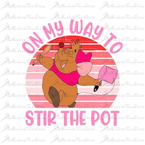 May include: A cartoon mouse with a pink shirt and a pink hat is stirring a pot with a wooden spoon. The background is a red, orange, and pink sunset with the text "On my way to stir the pot".