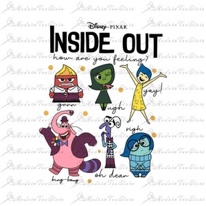 Könnte beinhalten: Eine bunte Illustration der Figuren aus dem Disney Pixar Film Inside Out. Die Figuren sind Freude, Traurigkeit, Wut, Ekel und Angst. Der Text "Inside Out" ist in schwarzen Buchstaben geschrieben und der Text "how are you feeling?" ist in schwarzen Buchstaben unter dem Titel geschrieben.