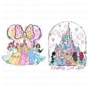 Retro Princess Happily Ever After Png, Watercolor Princesses Png, Retro Colorful Castle Png, Mouse Ear Castle Png, Sublimation Design Png