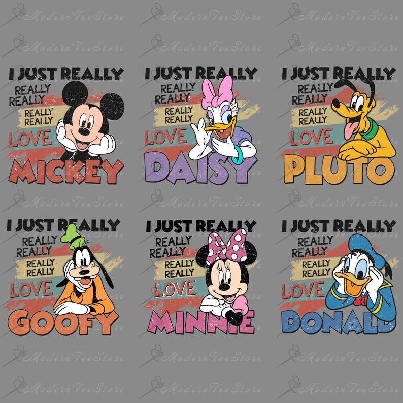 May include: A collage of six colorful images featuring different Disney characters. Each image features a character with a speech bubble that says "I just really really really really love" followed by the character's name. The characters are Mickey Mouse, Daisy Duck, Pluto, Goofy, Minnie Mouse, and Donald Duck.