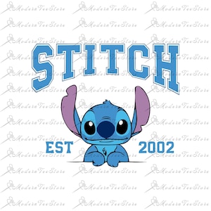 May include: Blue Stitch character from the Disney movie Lilo & Stitch, peeking over a white surface with the text "STITCH EST 2002".