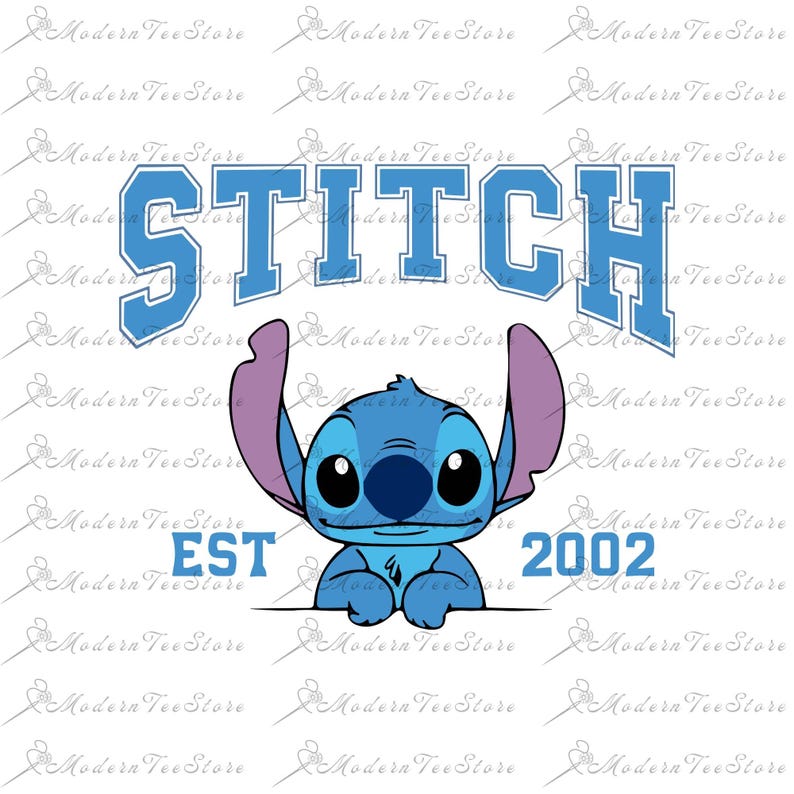 May include: Blue Stitch character from the Disney movie Lilo & Stitch, peeking over a white surface with the text "STITCH EST 2002".