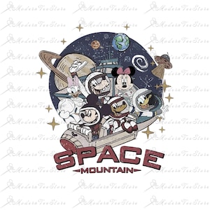 May include: A vintage-style illustration of Mickey Mouse, Minnie Mouse, Donald Duck, Goofy, and Daisy Duck dressed as astronauts in a spaceship. The background features a starry sky, a planet, and a UFO. The text "SPACE MOUNTAIN" is written in red and white letters.