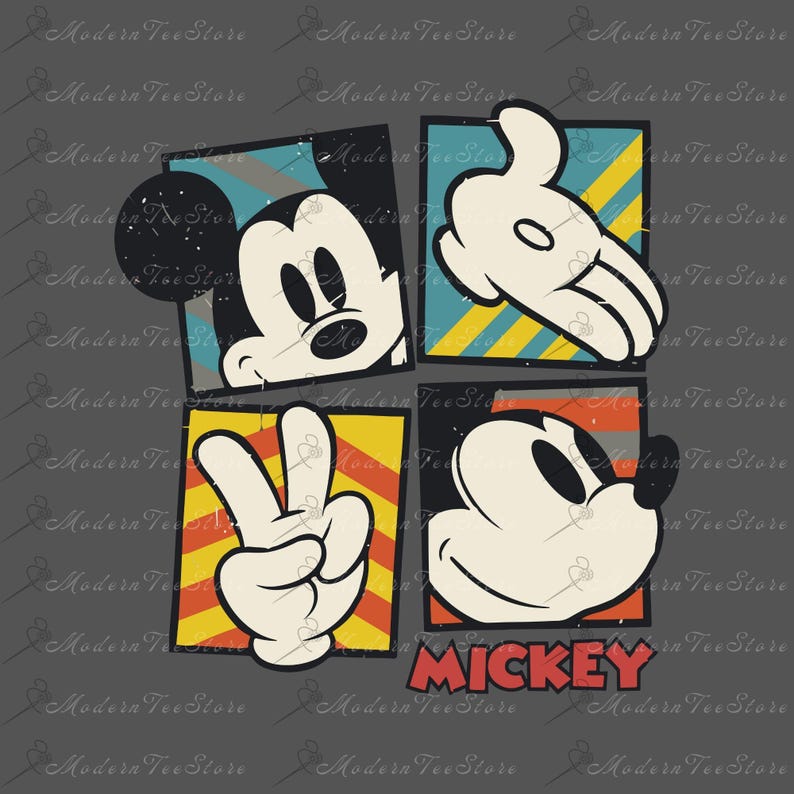 Puede incluir: Una ilustraci&oacute;n de Mickey Mouse de estilo vintage en cuatro poses diferentes. La imagen est&aacute; en una paleta de colores retro con amarillo, rojo, azul y gris. La palabra "MICKEY" est&aacute; impresa en rojo en la parte inferior de la imagen.