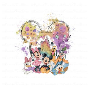 May include: A watercolour illustration of Mickey Mouse and his friends, including Minnie Mouse, Donald Duck, Goofy, and Pluto, in front of a stylised image of Cinderella's Castle. The background features a watercolour wash of pink, purple, and yellow colours with stars and fireworks.