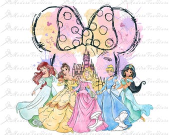 Watercolor Princesses Png, Retro Colorful Castle Png, Mouse Ear Castle Png, Family Vacation, Magic Kingdom Png, Sublimation Design Png